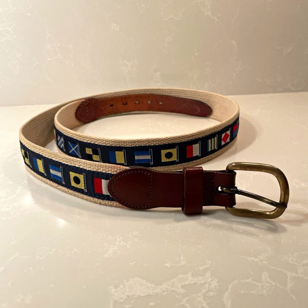 Men's Canvas & Leather Nautical Signal Flag Belt with Solid Brass Buckle Size 40